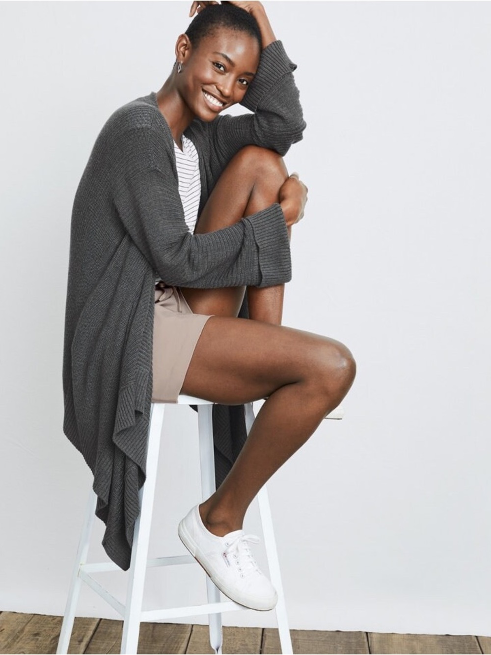 Garnet Hill Drape-Front Ribbed Cardigan in Dark Gray Size Medium